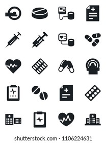 Set of vector isolated black icon - heart pulse vector, diagnosis, syringe, blood pressure, pills, blister, tomography, clipboard, hospital