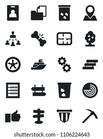 Set of vector isolated black icon - trash bin vector, signpost, radar, pennant, seeds, broken bone, pin, sea shipping, folder document, finger up, identity card, abacus, paper tray, hierarchy, plan
