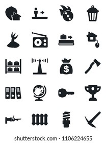 Set of vector isolated black icon - baggage conveyor vector, escalator, globe, boarding, luggage storage, money bag, sproute, axe, garden light, flame disk, radio, antenna, paper binder, key