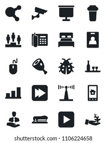 Set of vector isolated black icon - pedestal vector, mouse, lady bug, client, antenna, share, play button, fast forward, presentation board, bar graph, identity card, office phone, stapler, bedroom