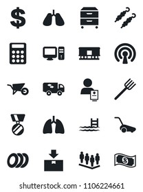 Set of vector isolated black icon - dollar sign vector, team, medal, farm fork, wheelbarrow, lawn mower, lungs, patient, package, railroad, calculator, archive box, pool, moving, plates, kebab, pc