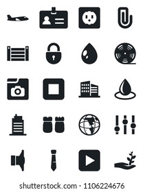 Set of vector isolated black icon - identity vector, plane, lock, water drop, container, reel, speaker, settings, play button, stop, photo gallery, paper clip, tie, office building, city house