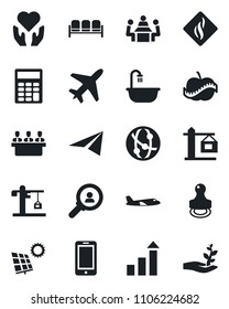 Set of vector isolated black icon - plane vector, waiting area, mobile phone, growth statistic, heart hand, diet, network, calculator, meeting, stamp, sun panel, bathroom, crane, smoke detector