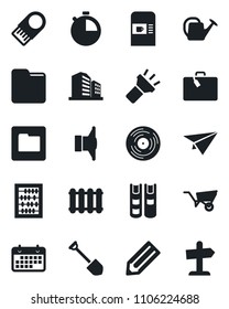 Set of vector isolated black icon - suitcase vector, coffee machine, abacus, job, pencil, watering can, wheelbarrow, term, vinyl, speaker, stopwatch, folder, torch, book, radiator, usb flash