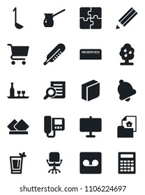 Set of vector isolated black icon - office chair vector, document search, thermometer, bell, record, application, presentation board, blank box, pencil, fruit tree, estate, alcohol, reserved, ladle