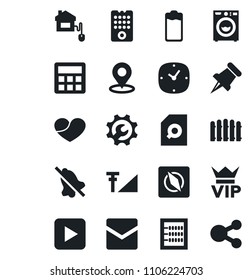 Set of vector isolated black icon - vip vector, fence, heart, paper pin, battery, play button, calculator, clock, mail, mute, place tag, compass, cellular signal, root setup, document search, abacus