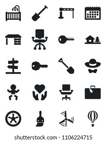 Set of vector isolated black icon - suitcase vector, barrier, baby, desk, job, shovel, heart hand, themes, calendar, office chair, house with tree, windmill, key, children room, dress code, fan