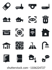 Set of vector isolated black icon - house vector, warehouse, with garage, tree, rent, bathroom, home control, chip, router, web camera, warm floor, eye scan, trash bin, fridge, door, usb flash