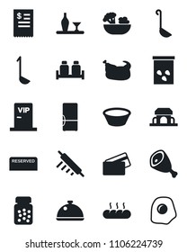 Set of vector isolated black icon - seeds vector, pills bottle, fridge, dish, alcohol, reserved, salad, salt and pepper, bread, cafe building, vip zone, credit card, restaurant receipt, chicken, ham
