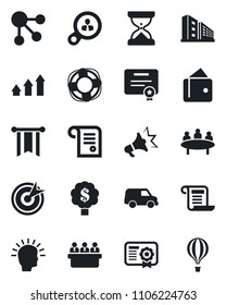 Set of vector isolated black icon - meeting vector, office building, target, consumer search, arrow up graph, shining head, wallet, pennon, car, social media, crisis management, certificate