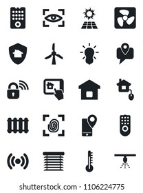 Set of vector isolated black icon - mobile tracking vector, smart home, control, fingerprint, fan, wireless lock, remote, app, thermometer, radiator, bulb, jalousie, eye scan, protect, sun panel
