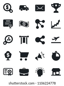 Set of vector isolated black icon - departure vector, stopwatch, consumer search, shining head, pennon, growth graph, money, cart, cash, case, car, social media, certificate, mail, advertising, tree