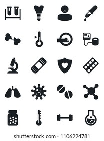 Set of vector isolated black icon - blood pressure vector, test vial, dropper, microscope, pills, bottle, blister, patch, tomography, barbell, heart shield, lungs, implant, broken bone, patient