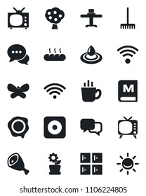 Set of vector isolated black icon - checkroom vector, stamp, rake, butterfly, tv, dialog, rec button, fruit tree, wireless, flower in pot, restaurant table, menu, coffee, bread, ham, water