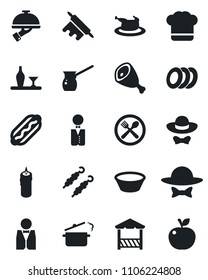 Set of vector isolated black icon - waiter vector, alcohol, cafe, cook hat, plates, candle, dress code, alcove, chicken, kebab, ham, hot dog, bowl, rolling pin, steaming pan, turkish coffee