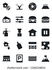 Set of vector isolated black icon - parking vector, garden sprayer, cargo container, vinyl, pause button, tuning, smart home, estate insurance, cook, cafe building, alcove, hamburger, cutting board
