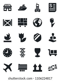 Set of vector isolated black icon - earth vector, store, plane, traffic light, office phone, client, sea shipping, truck trailer, clock, receipt, container, consolidated cargo, fragile, up side sign