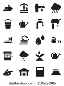 Set of vector isolated black icon - watering can vector, bucket, rain, well, hose, drip irrigation, sea shipping, port, warehouse, pond, pool, water supply, drink, warm floor