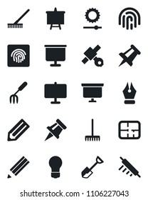 Set of vector isolated black icon - presentation board vector, drawing pin, bulb, pencil, garden fork, shovel, rake, satellite, brightness, fingerprint id, ink pen, plan, rolling