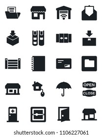 Set of vector isolated black icon - automatic door vector, medical room, store, container, umbrella, package, mail, scanner, folder, copybook, document, book, open close, home control, garage gate