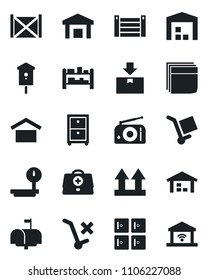 Set of vector isolated black icon - checkroom vector, bird house, doctor case, container, cargo, warehouse storage, up side sign, no trolley, package, heavy scales, rack, radio, blank box, archive