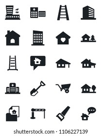 Set of vector isolated black icon - barrier vector, airport building, office, shovel, ladder, wheelbarrow, saw, house, hospital, with garage, tree, estate document, sweet home, city, message