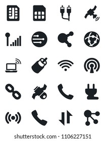Set of vector isolated black icon - wireless notebook vector, satellite, share, chain, rca, call, sim, network, data exchange, cellular signal, power plug, social media