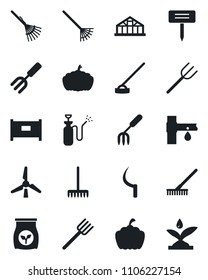 Set of vector isolated black icon - fence vector, garden fork, farm, rake, hoe, sickle, plant label, pumpkin, greenhouse, sprayer, fertilizer, drip irrigation, windmill