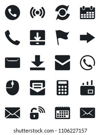 Set of vector isolated black icon - phone vector, right arrow, mail, mouse, calendar, call, download, update, calculator, wireless lock, flag