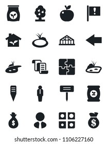 Set of vector isolated black icon - left arrow vector, manager, contract, plant label, greenhouse, pond, fertilizer, important flag, application, fruit tree, estate agent, apple, eco house
