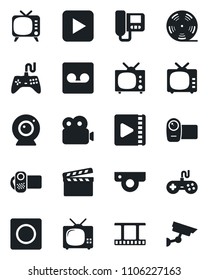 Set of vector isolated black icon - clapboard vector, film frame, reel, tv, gamepad, video camera, play button, record, web, intercome, surveillance