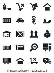 Set of vector isolated black icon - sea shipping vector, truck trailer, cargo container, car delivery, port, consolidated, warehouse storage, up side sign, no trolley, hook, package, search, moving