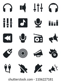 Set of vector isolated black icon - vinyl vector, flame disk, radio, speaker, loudspeaker, settings, equalizer, microphone, headphones, rewind, rca, tuning, mute, music, advertising