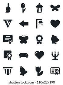 Set of vector isolated black icon - left arrow vector, pennant, butterfly, garden light, heart, tulip, themes, bell, sertificate, cushioned furniture, candle, outdoor lamp, pennon, certificate