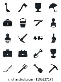 Set of vector isolated black icon - umbrella vector, stamp, baggage larry, job, shovel, farm fork, bucket, pruner, axe, scalpel, fragile, themes, case, ladle, hard work