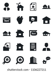 Set of vector isolated black icon - office building vector, house, real heart, contract, with garage, tree, estate document, rent, search, agent, smart home, eco, message