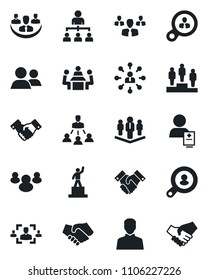 Set of vector isolated black icon - handshake vector, hierarchy, pedestal, patient, group, user, company, hr, meeting, client search, consumer