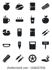 Set of vector isolated black icon - hot cup vector, plant label, diet, drink, phyto bar, salad, bacon, bread, kebab, dog, apple fruit, fan, fridge, palm sproute
