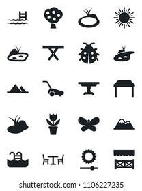 Set of vector isolated black icon - cafe vector, sun, flower in pot, lawn mower, butterfly, lady bug, pond, picnic table, brightness, pool, fruit tree, mountains, alcove