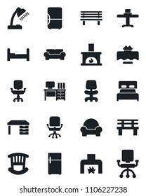 Set of vector isolated black icon - office chair vector, desk, bench, lamp, bedroom, children room, cushioned furniture, fireplace, restaurant table, fridge
