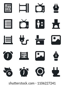 Set of vector isolated black icon - elevator vector, abacus, stamp, fireplace, film frame, flame disk, gallery, alarm, ink pen, tv, power plug