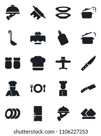 Set of vector isolated black icon - fridge vector, cook, restaurant table, cafe, hat, plates, waiter, salt and pepper, ladle, rolling pin, cutting board, knife, steaming pan, serviette