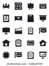 Set of vector isolated black icon - fence vector, presentation board, meeting, clipboard, clapboard, sale, rooms, sold signboard, smart home, cutting, chip