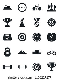 Set of vector isolated black icon - pedestal vector, medal, barbell, bike, heavy, clock, target, mountains, award cup