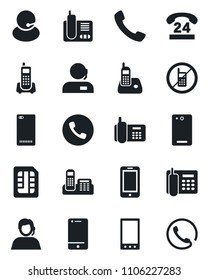 Set of vector isolated black icon - phone vector, no mobile, office, 24 hours, support, cell, radio, back, call, sim