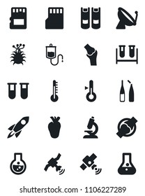 Set of vector isolated black icon - satellite antenna vector, book, blood test vial, dropper, microscope, ampoule, real heart, joint, virus, sd, thermometer, rocket, flask