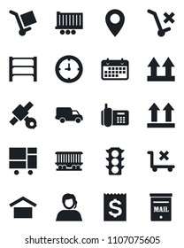 Set of vector isolated black icon - pin vector, railroad, satellite, traffic light, office phone, support, truck trailer, car delivery, clock, term, receipt, consolidated cargo, warehouse storage