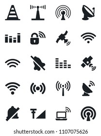 Set of vector isolated black icon - antenna vector, wireless notebook, border cone, satellite, equalizer, mute, cellular signal, lock