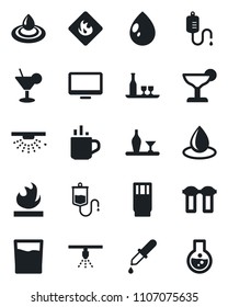 Set of vector isolated black icon - hot cup vector, water drop, dropper, flammable, monitor, alcohol, drink, cocktail, filter, sprinkler, flask
