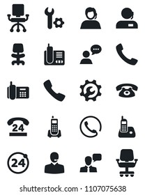 Set of vector isolated black icon - 24 around vector, office chair, phone, hours, support, speaker, radio, call, root setup